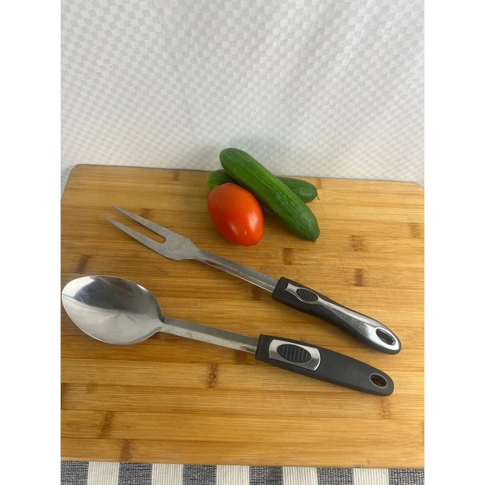 Stainless Steel Serving Set Large Spoon and‎ Meat Fork Black Ergonomic Handles